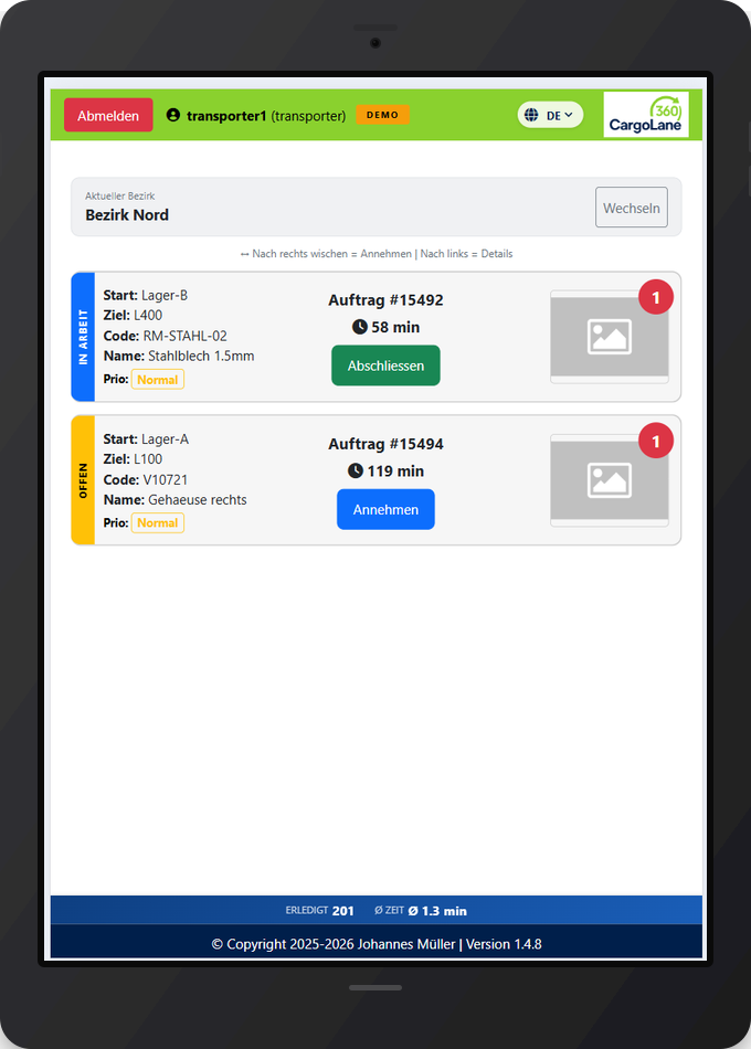 CargoLane360 Transporter-App Aufträge